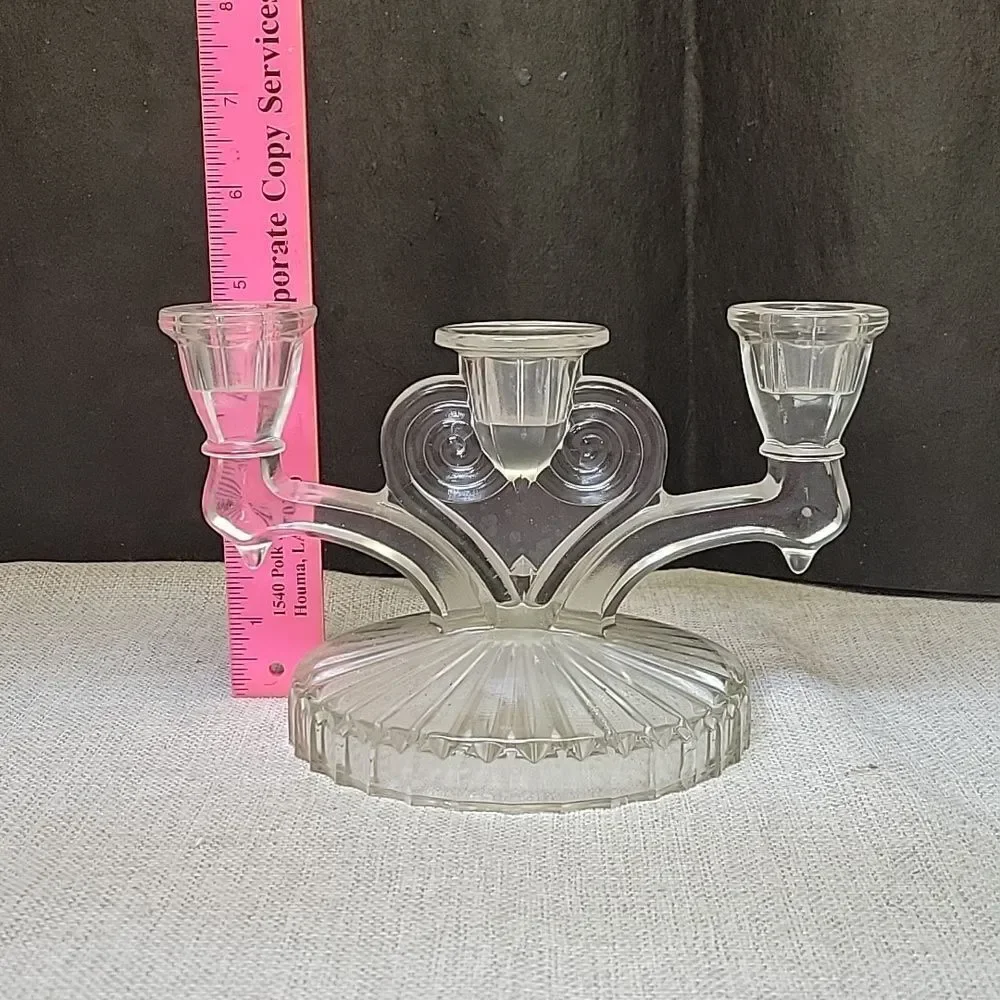 Vintage Jeannette Glass COSMOS Triple Candle Candlestick Clear Glass Candelabras